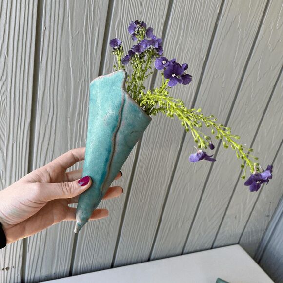 VTG Handmade Studio Pottery Turquoise Bowl & Wall Vase Set Signed - Picture 9 of 9